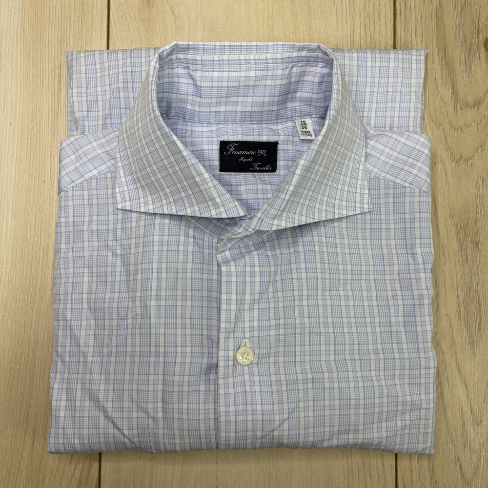 Finamore Napoli Long Sleeve Button Shirt Men's 15/38 Excellent Blue Plaid